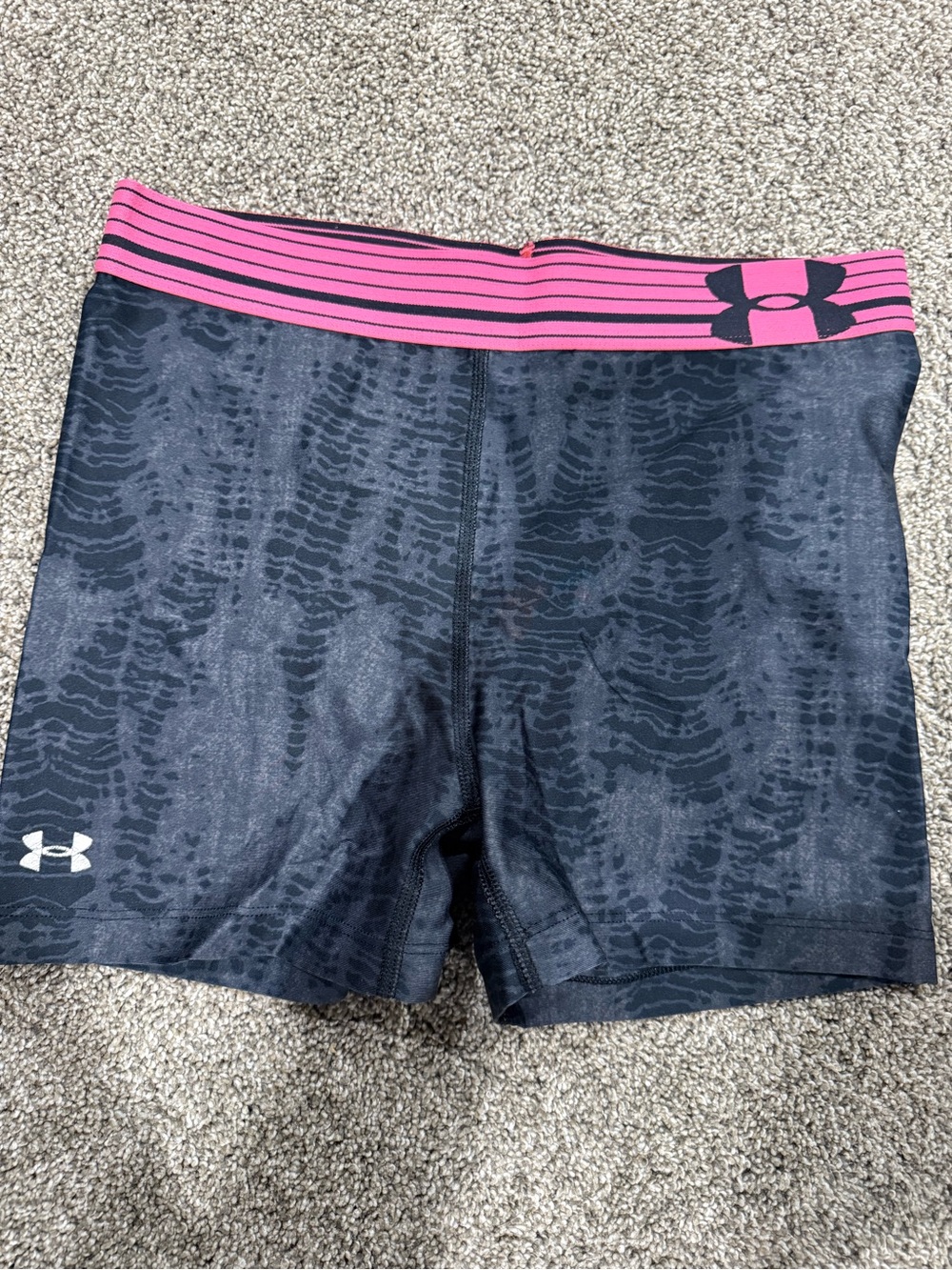 Under Armour Black Patterned Bike Shorts with Pink Striped Waistband
